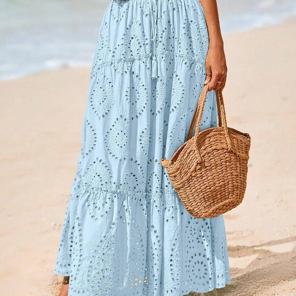 Light Blue Boho Women's Elastic High Waist Tiered A-Line Flowy Maxi Skirt - Picture 5 of 5